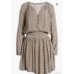 Faherty Dress‎ Brown Montara Leaf Batik Long Sleeve Mini Smocked Swing Flowy XXS